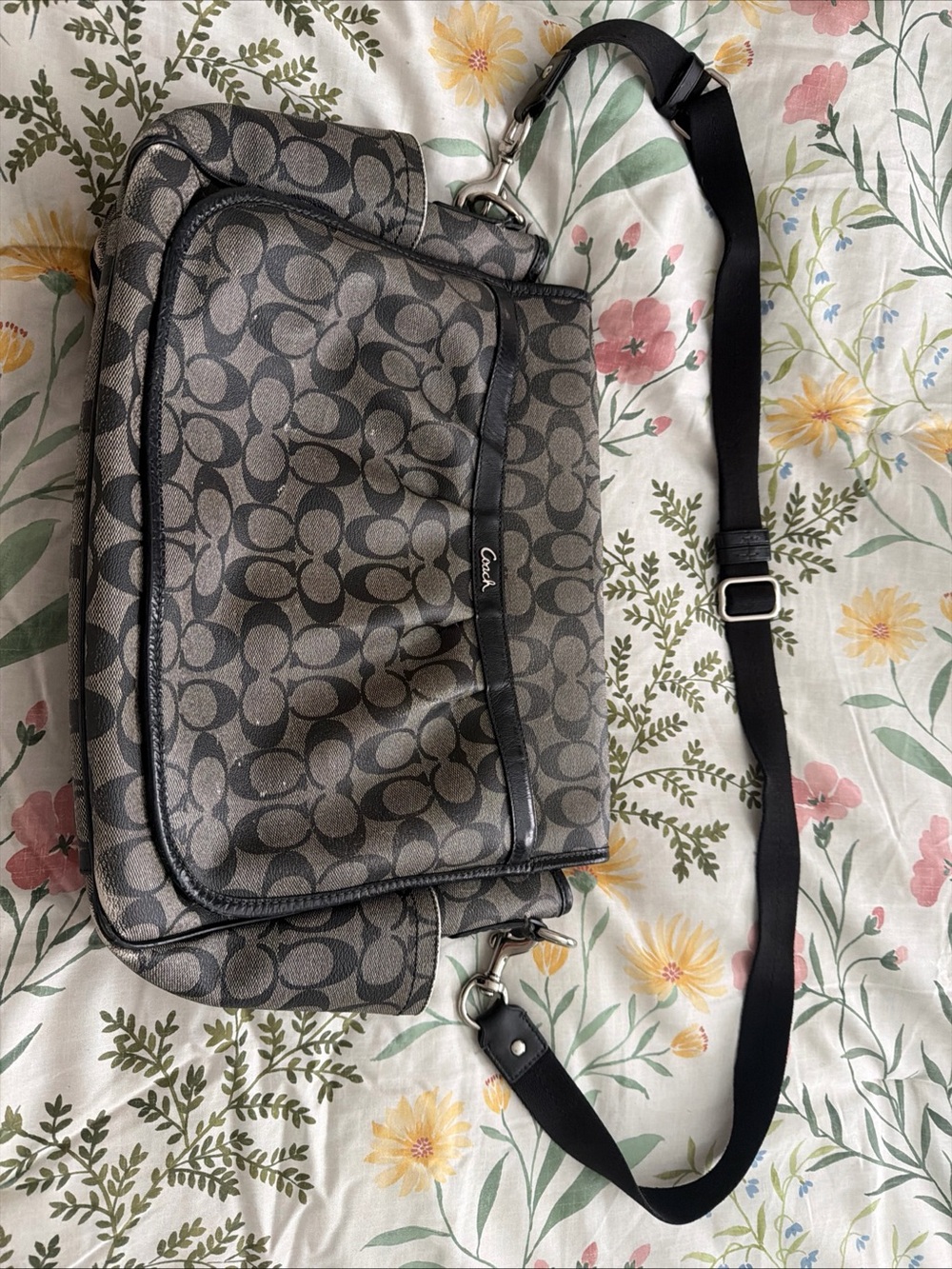 Coach Gray Signature Canvas Messenger Bag with Black Trim